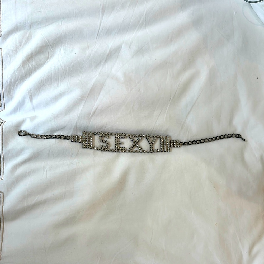 Silver Rhinestone Choker Necklace with 'SEXY' Design